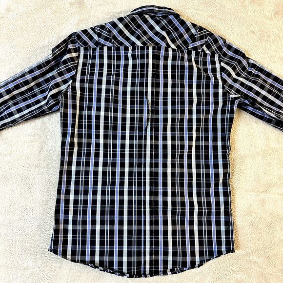 7 Diamonds Midnight Love Affair Button Down Navy Blue Plaid Men's Slim M Shirt - Picture 3 of 16